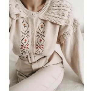 ZARA Ecru Floral Embroidered Peter Pan Crochet Knit Cardigan